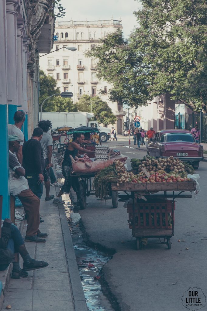 Wózki z warzywami na ulicy Hawany, w dalszym planie widoczny sprzedawca wieprzowiny. Na jego wózku leży cała świnia.