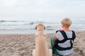 Kobieta, pies Golden Retriver oraz dziecko w nosidle siedzą na plaży we Władysławowie