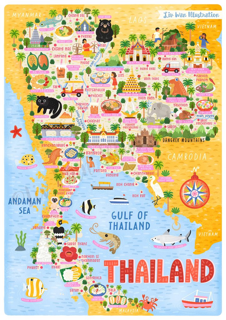 Ilustrowana mapa Tajlandii, tekst: Przeprowadzka do Tajlandii, zdjęcie autorstwa OurLittleAdventures.pl
