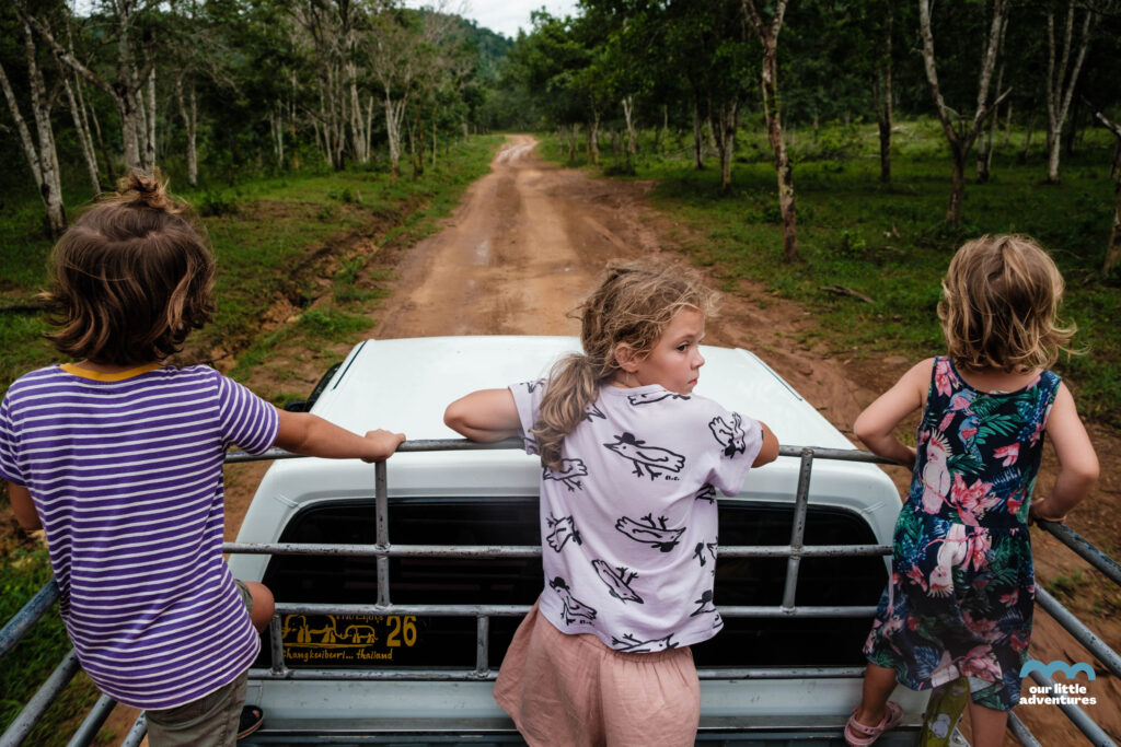 Kids in the jeep in the jungle -  a photo from OurLittleAdventures.pl blog: Kui Buri National Park in Thailand - Where Wild Elephants Are